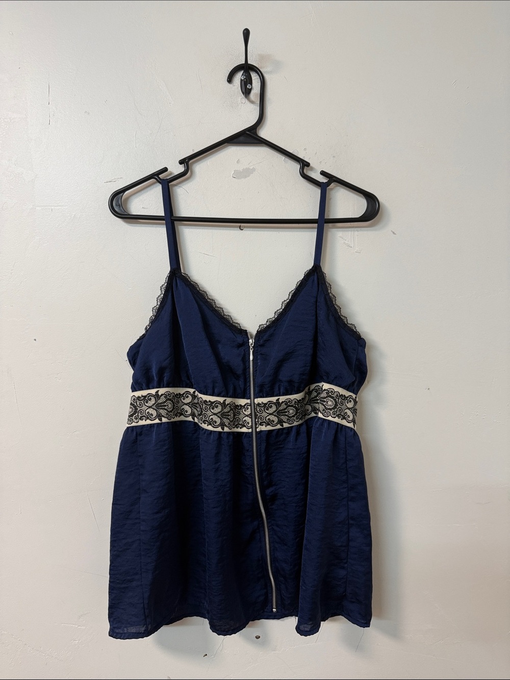 Xhilaration Navy Tank Satin Chemise with Cream Embroidered Waistband Y2K